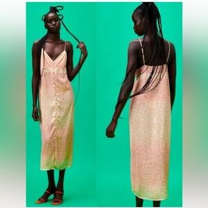 Zara Floral satin slip Dress - Pink and Cream